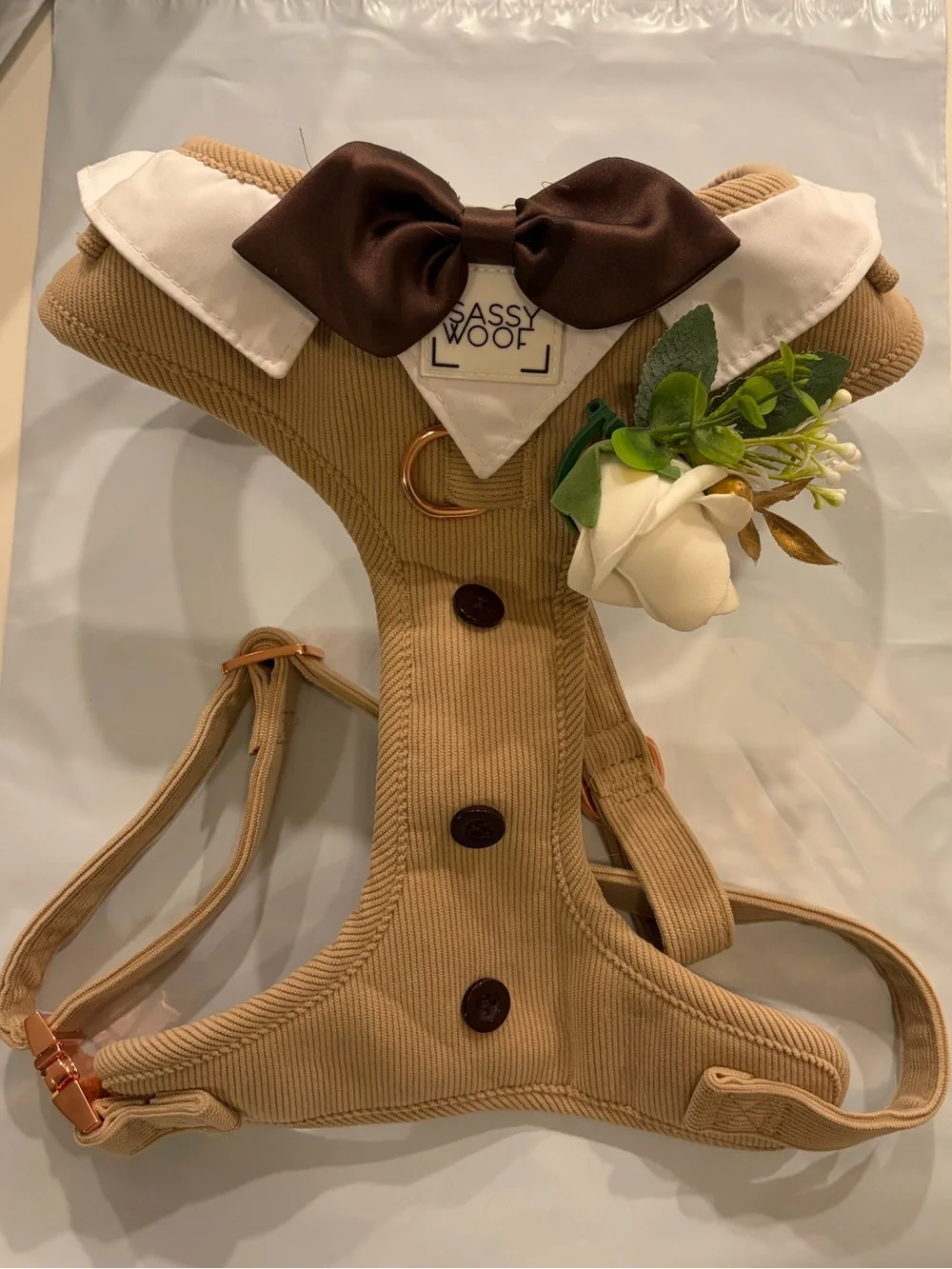 Sassy Woof - Best pup / Dog of Honor Harness with Brown Bow & White Flower
